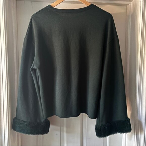 Zara Trafaluc Hunter Green Wide Long Sleeve Top Faux Fur Cuff Size S - Picture 7 of 11